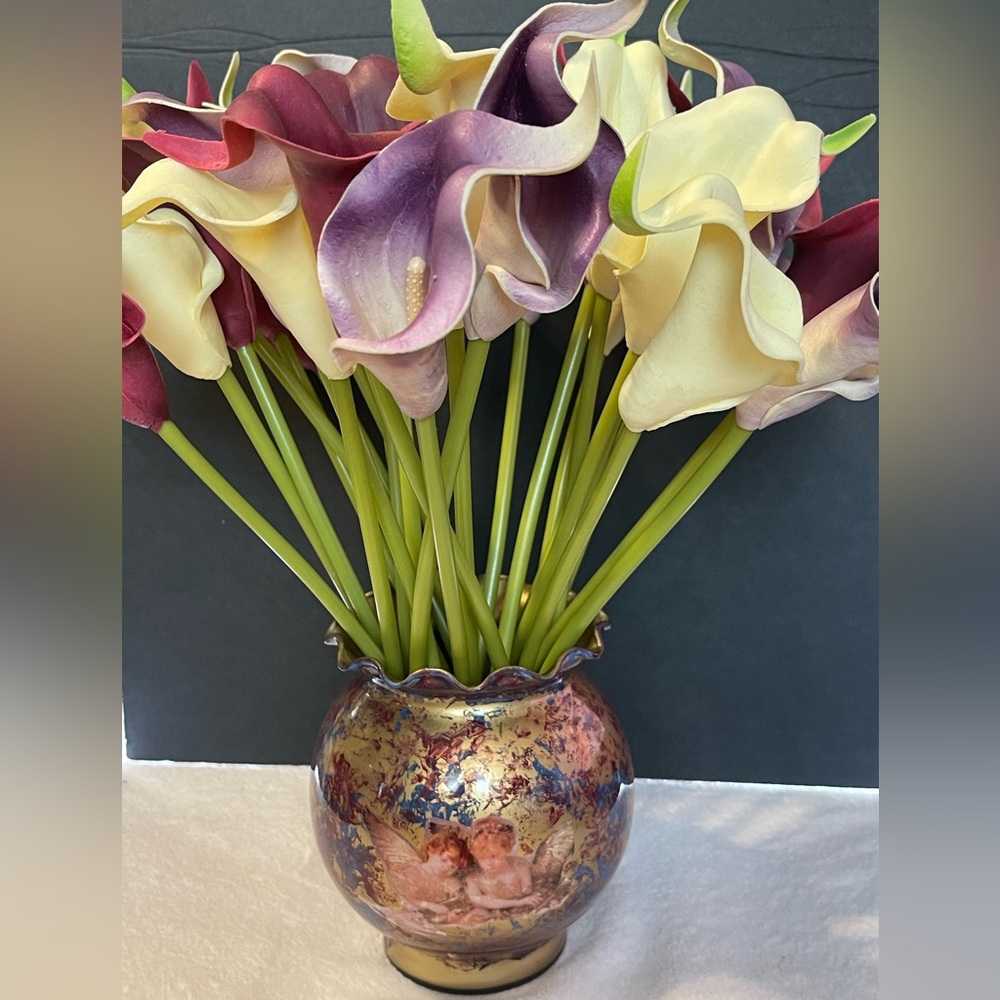 Art Nouveau Style Hand Painted Glass Vase w/ Ruffled Rim, Angels, Florals & Swan
